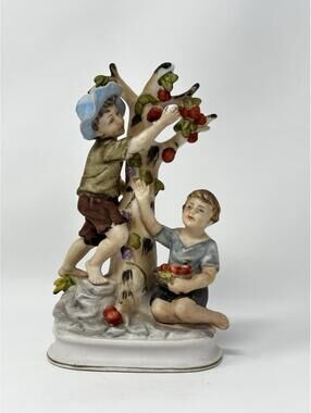 Capodimonte Style Biscuit Figurine Scene Group Boys Picking Apple Tree Ceramic